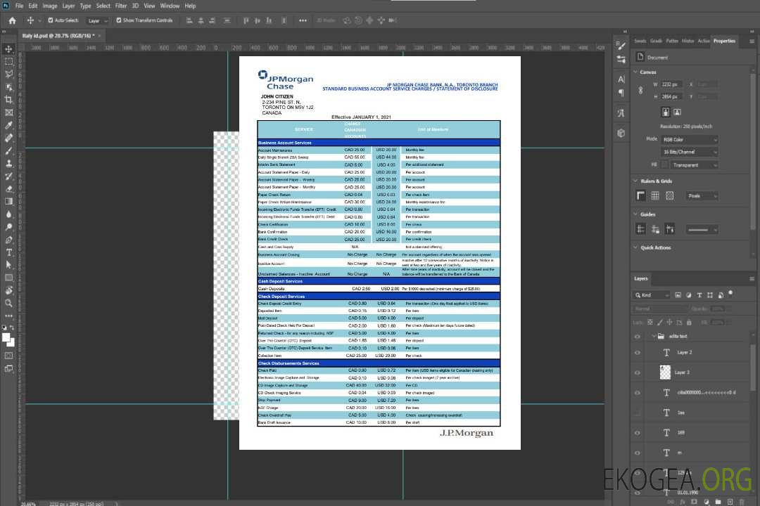 Modèle de relevé bancaire de preuve d'adresse Canada JP Morgan Chase au format Excel et PDF (AutoSum) template